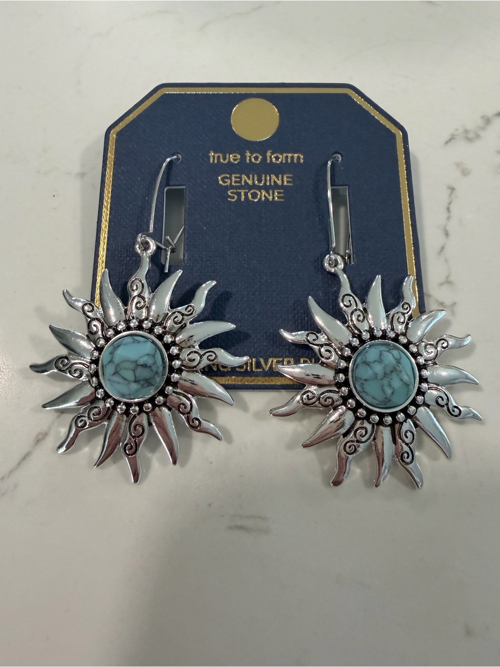 True To Form Turquoise Sunburst Drop Earrings - Silver Tone